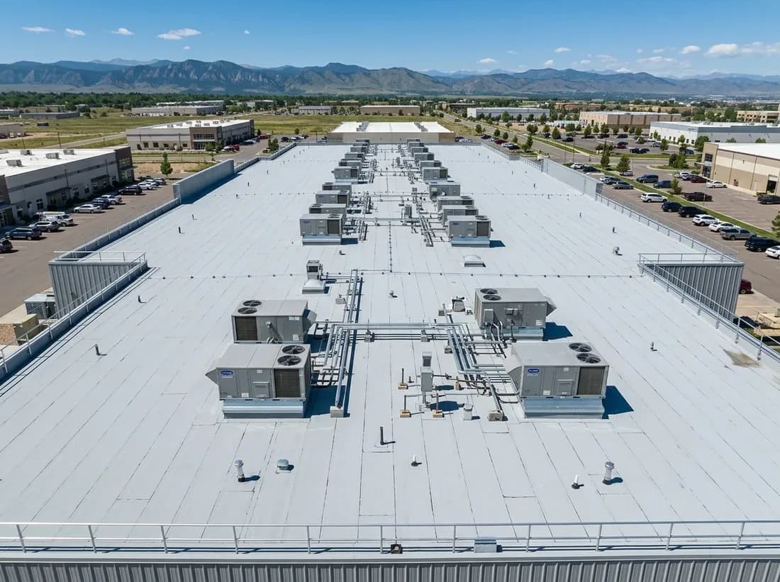 Illustrative representation of a white PVC single-ply membrane on a Colorado commercial roof