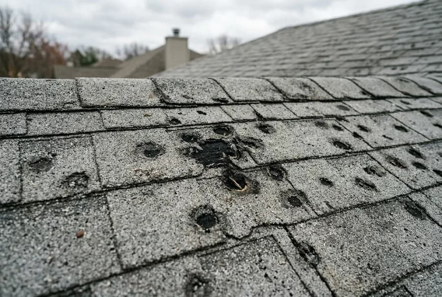 Illustrative close-up of hail impact marks and knocked-off granules on an asphalt shingle roof