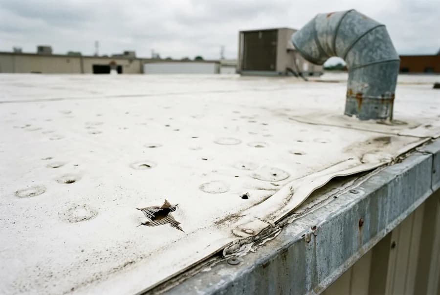 Illustrative close-up of hail indentations and a lifted seam on a white TPO commercial flat roof membrane