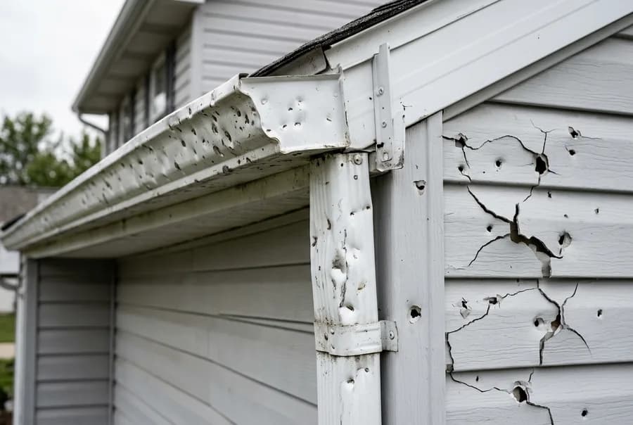 Illustrative close-up of a hail-dented metal gutter and impact-marked siding on a home exterior