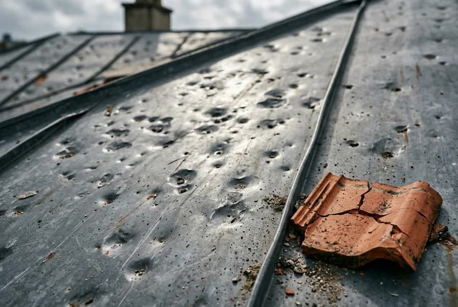 Illustrative close-up of hail dents across a metal roof panel beside a cracked clay roof tile