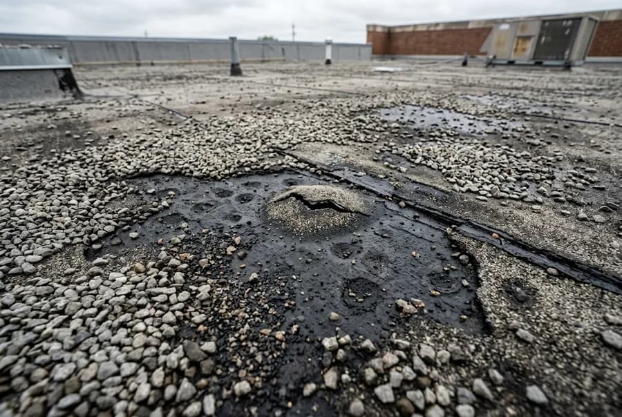 Illustrative close-up of hail damage on a multi-layer modified bitumen and built-up gravel commercial roof