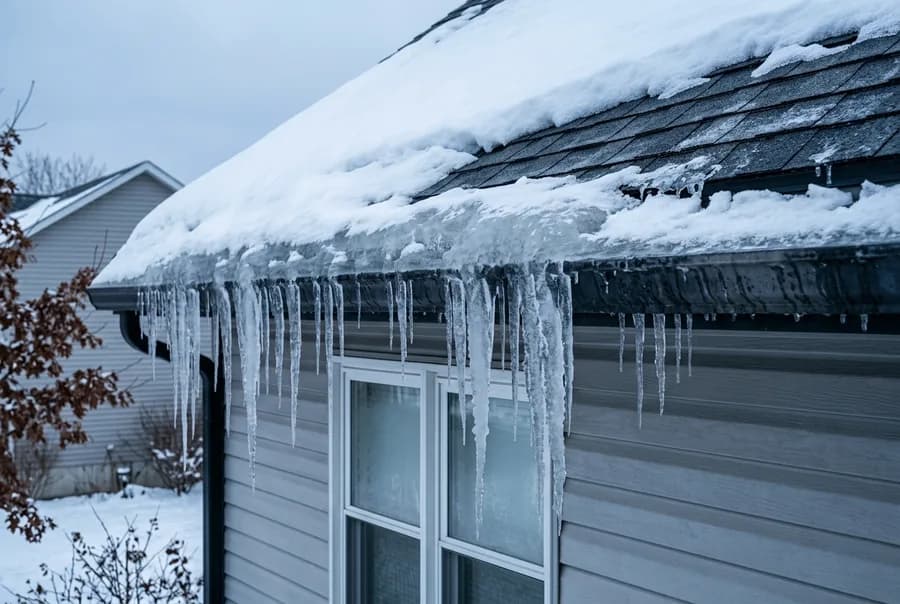 Illustrative view of an ice dam and large icicles built up along the eave and gutter of a snowy roof