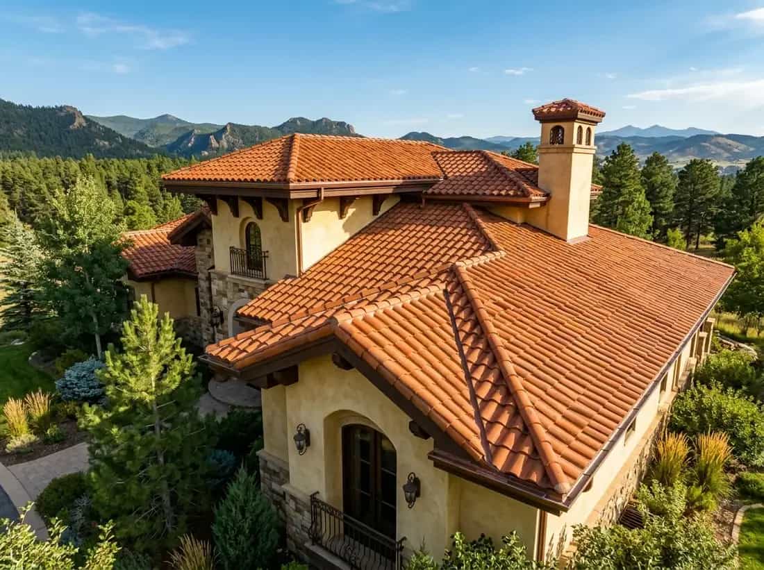 Illustrative representation of a concrete and clay tile roof on a Mediterranean-style Colorado home