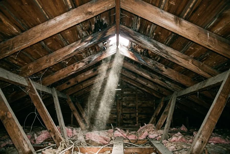 Illustrative view of daylight shining through a hole in the roof deck into an attic, a sign of a storm breach
