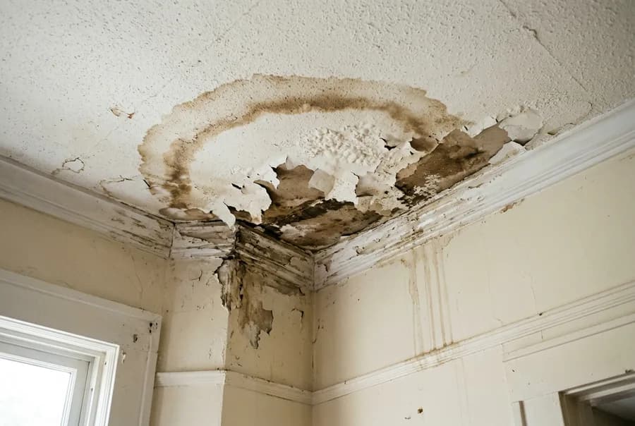 Illustrative close-up of a brown water-stain ring and peeling paint on an interior ceiling from a roof leak