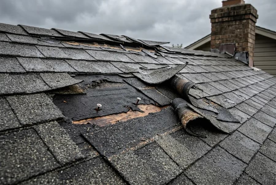 Illustrative view of lifted, creased, and torn-off asphalt shingles exposing the underlayment after wind damage