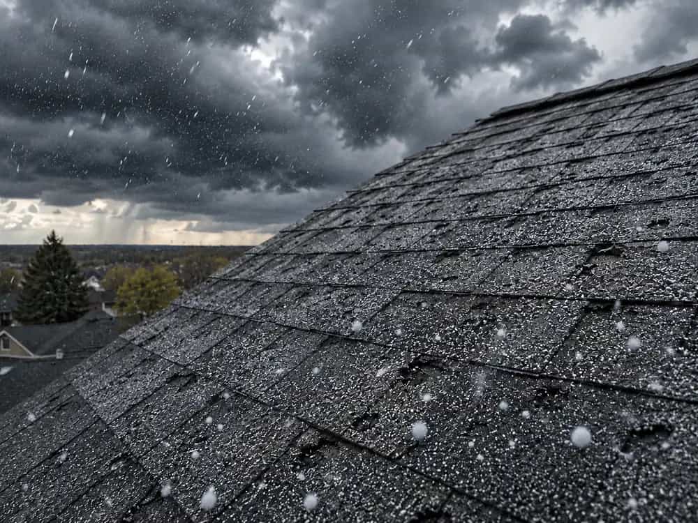 Hail-damaged asphalt shingle roof under a Colorado storm sky