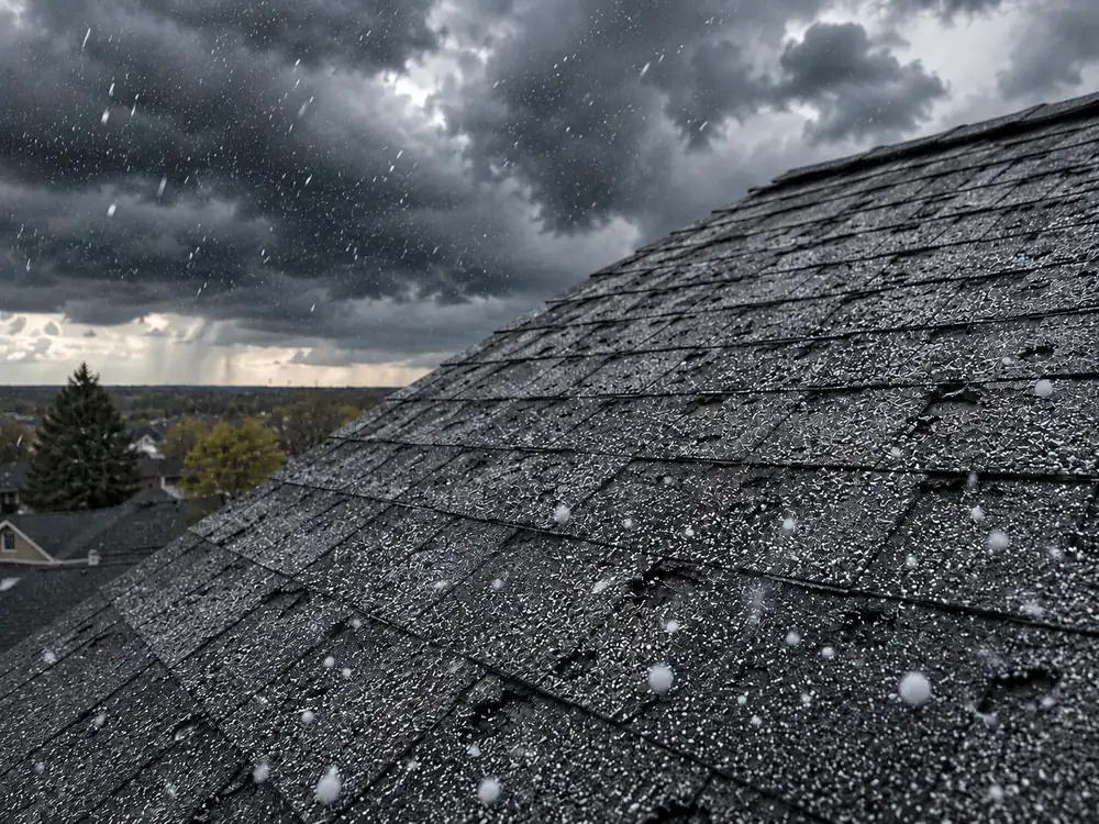 Hail-damaged asphalt shingle roof under a Colorado storm sky