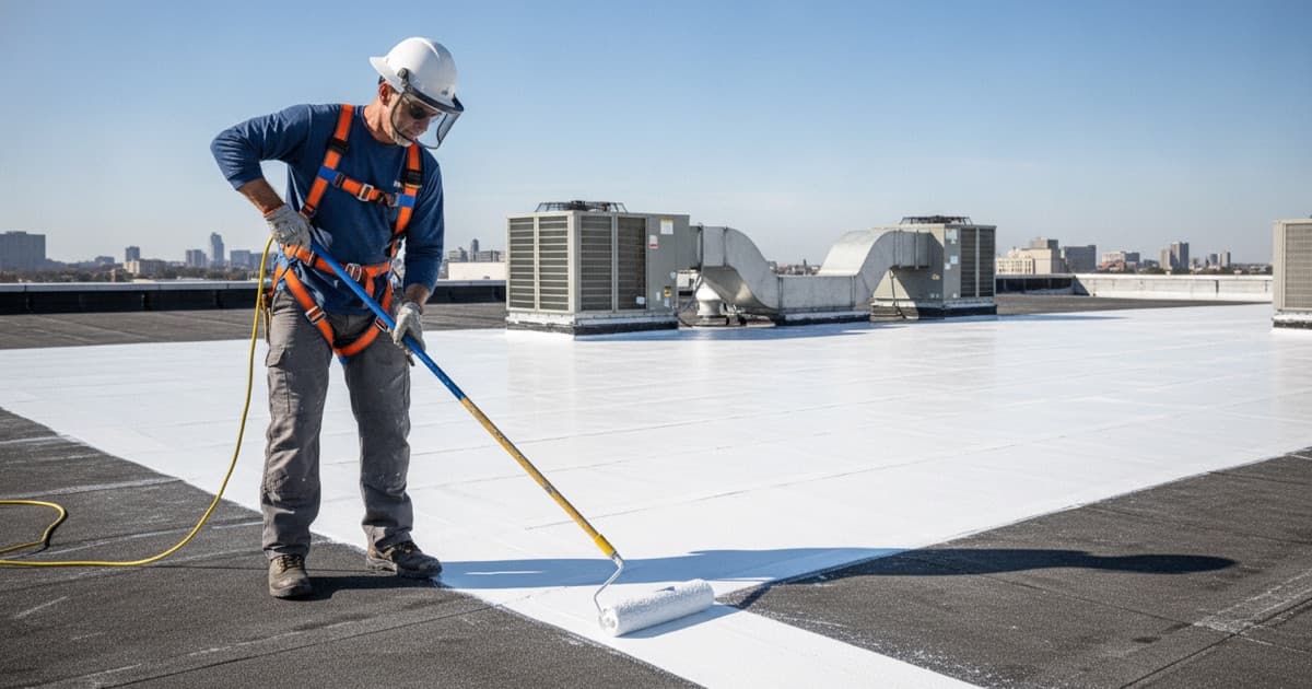 Illustrative representation of a roofing worker applying white reflective coating with a roller on a commercial flat roof in Colorado