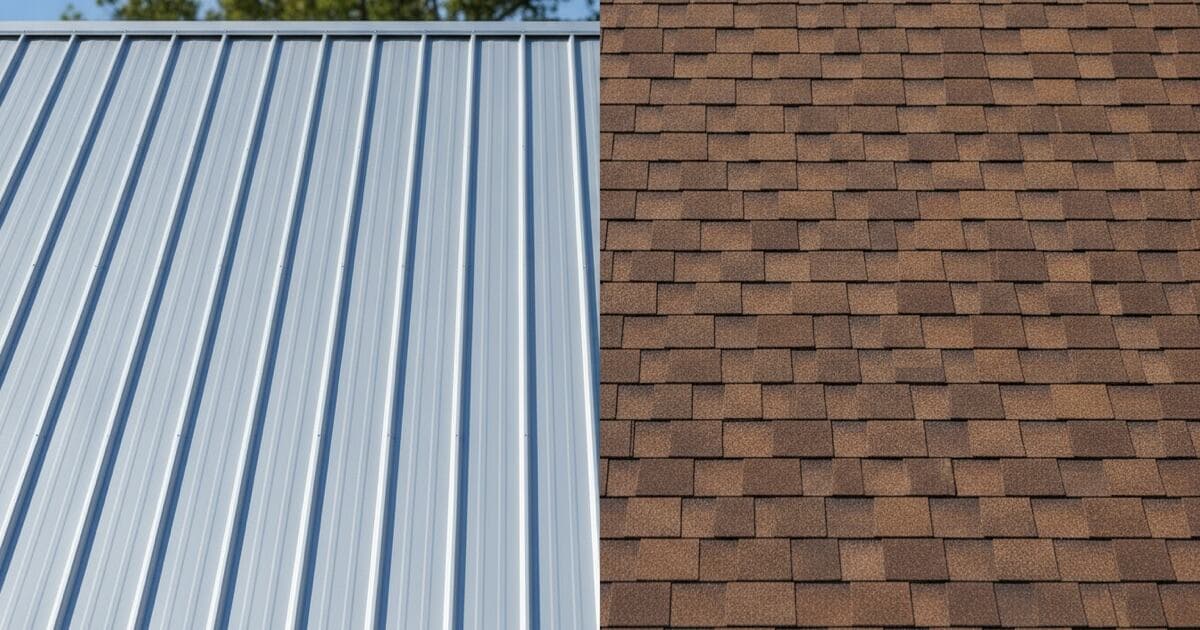 Illustrative representation of a standing seam metal roof beside an architectural asphalt shingle roof on a Colorado home with mountains behind