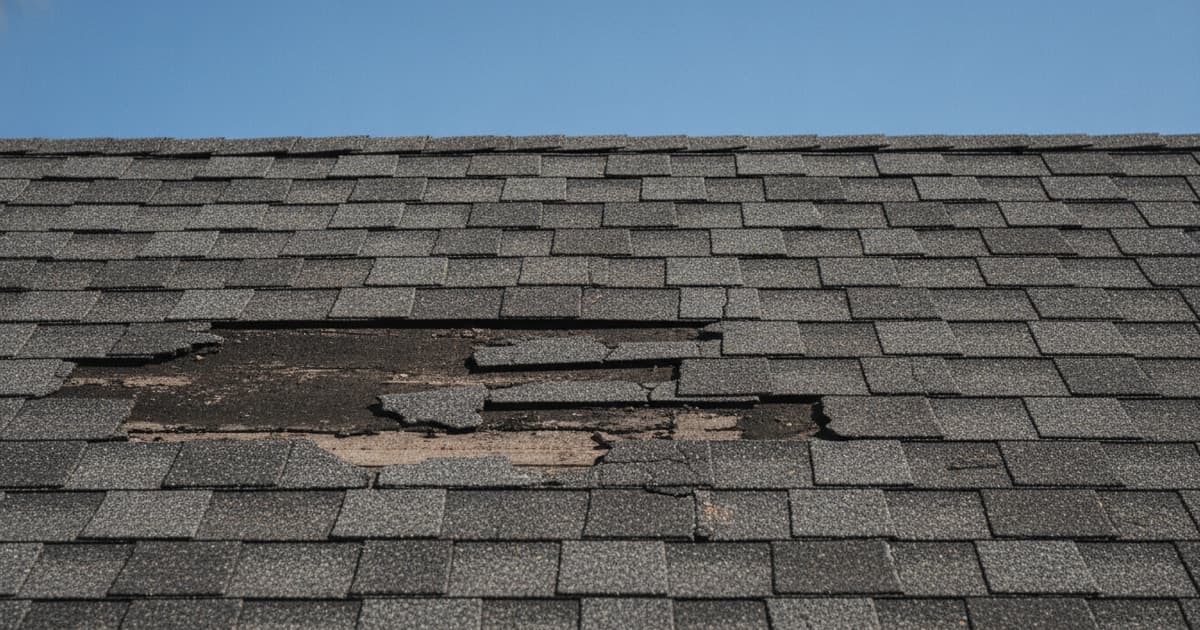 Illustrative representation of an aging asphalt shingle roof with curling and missing shingles on a Colorado home with mountains behind