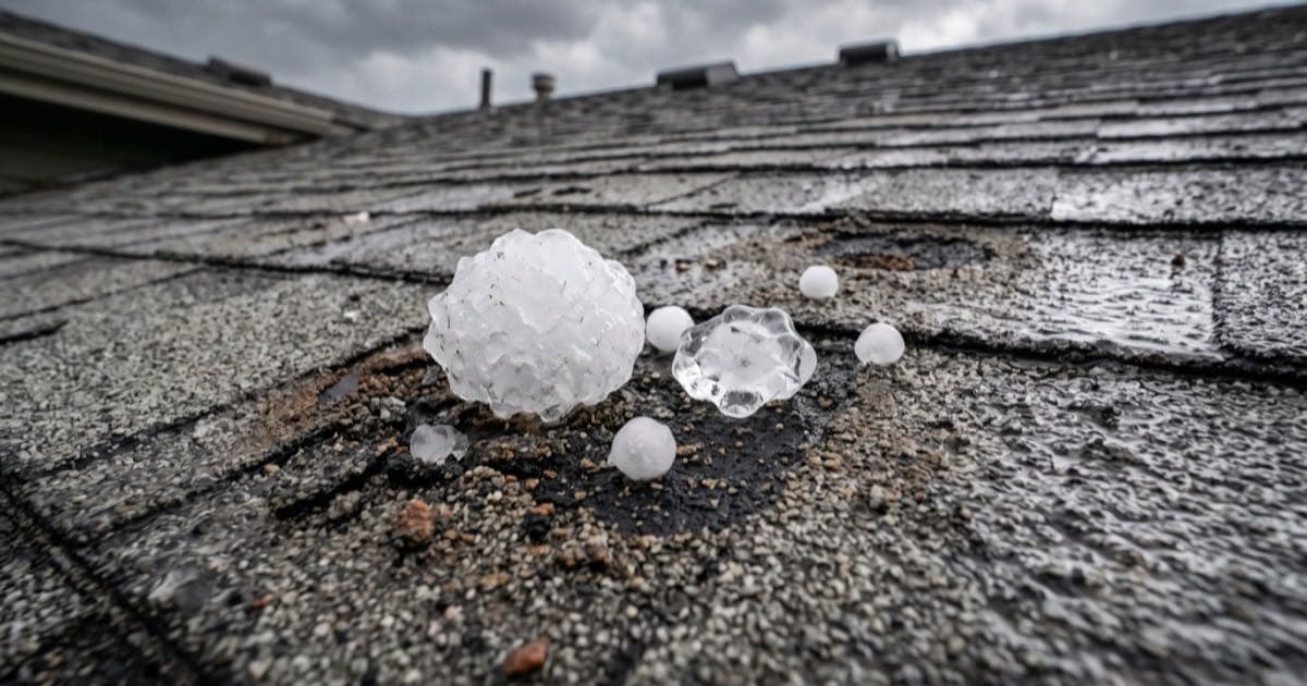 Illustrative representation of hailstones of several sizes resting on a hail-bruised asphalt shingle roof after a Colorado storm