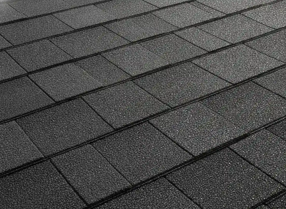 Illustrative material detail of dark gray Class 4 impact-resistant architectural asphalt shingles